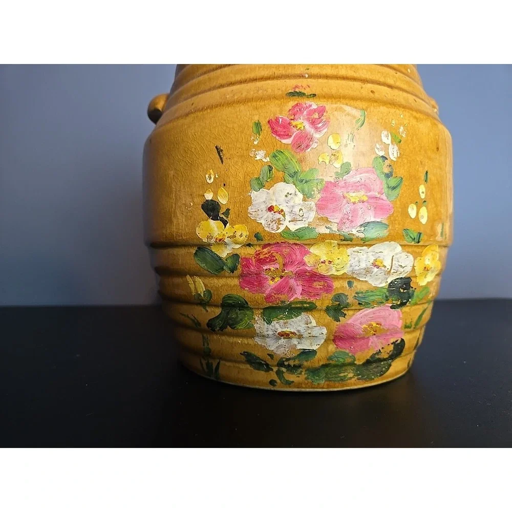 Red Wing Saffron Ware Yellow Lidded Cookie Jar Hand Painted Flower Motif‎ Rare!